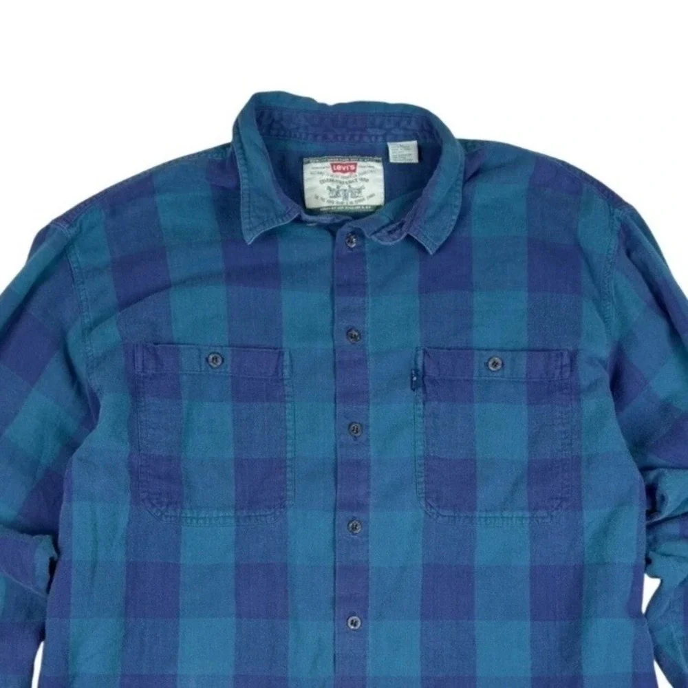 Vtg 90s Levi's Modern Authentics Flannel Shirt Men's L Blue Green Plaid